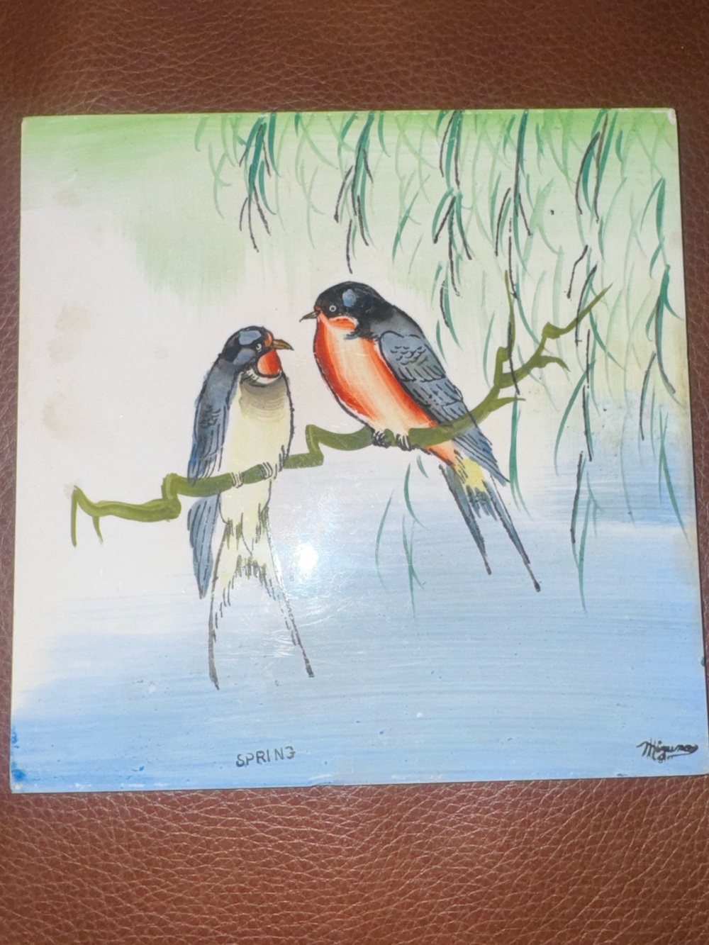 Hand-Painted "Spring" Songbirds on Willow Branch Ceramic Art Tile, Signed 6sq in